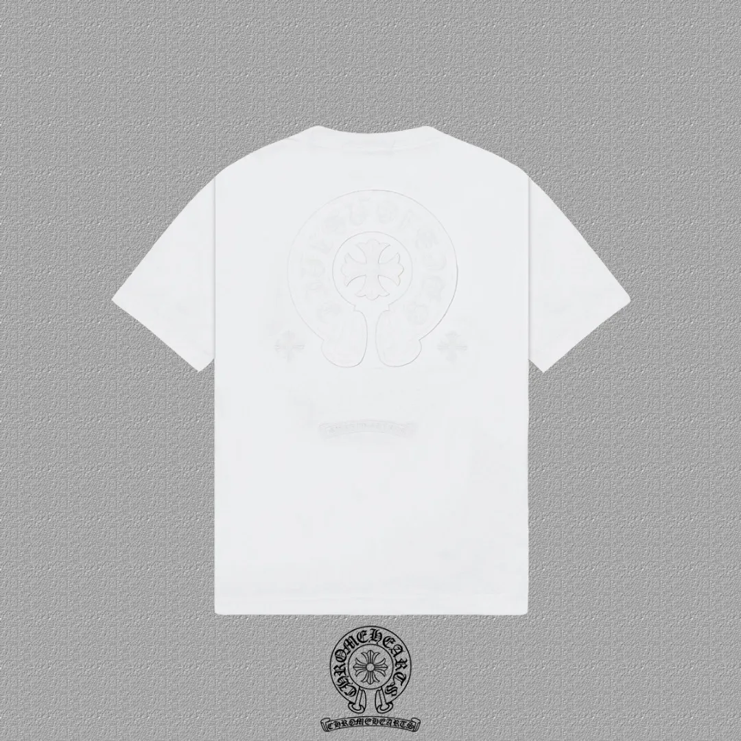 🅿️200 [CH Crow Heart] 2025FW short-sleeved T-shirt, patch embroidery, high-end 26s double yarn 300g fabric, heavy fabric, custom stretcher rib, same cylinder and dye, complete three standards, same style for men and women, color: black, white, size: S M L XL 2XL